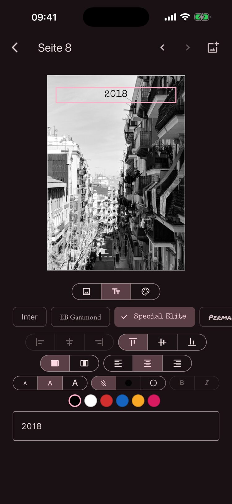 Der Seiteneditor: ein Foto mit einer Textzeile und den Werkzeugen für Schrift, Größe und Farbe.